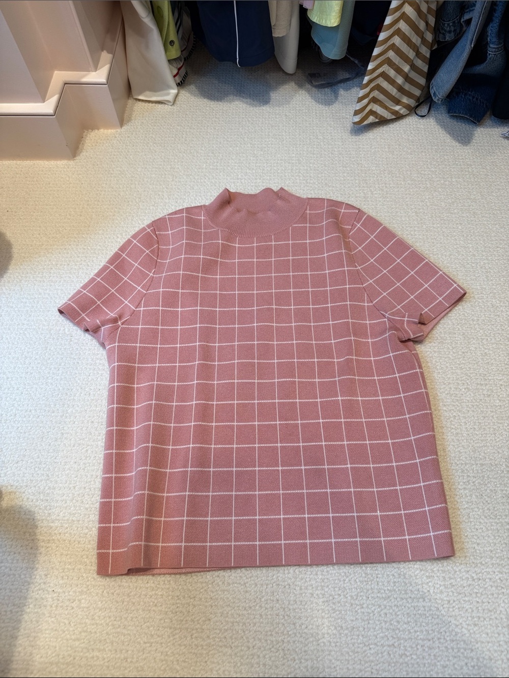 Maeve Pink Grid Short Sleeve Mock Neck Tee
